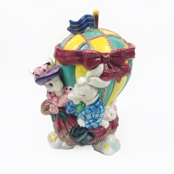 Vintage 1995 Fitz & Floyd Bunnies Hot Air Balloon Cookie Jar - Picture 1 of 13